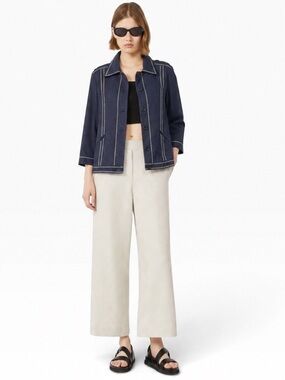 Vintage Sportmax Max Mara 100% Linen Contrast Stitch Jacket Navy Blue Size 10